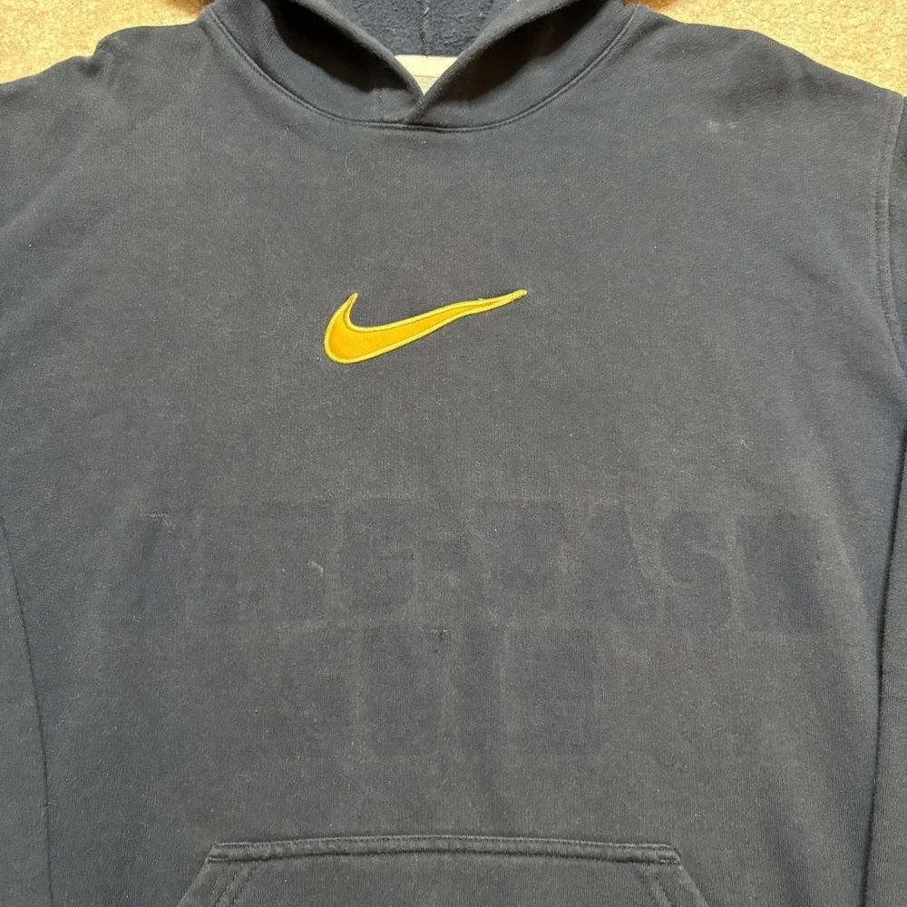 Vtg Nike Hoodie Sweatshirt Mens Large Navy Blue Faded Gold Center Swoosh Y2K 00s